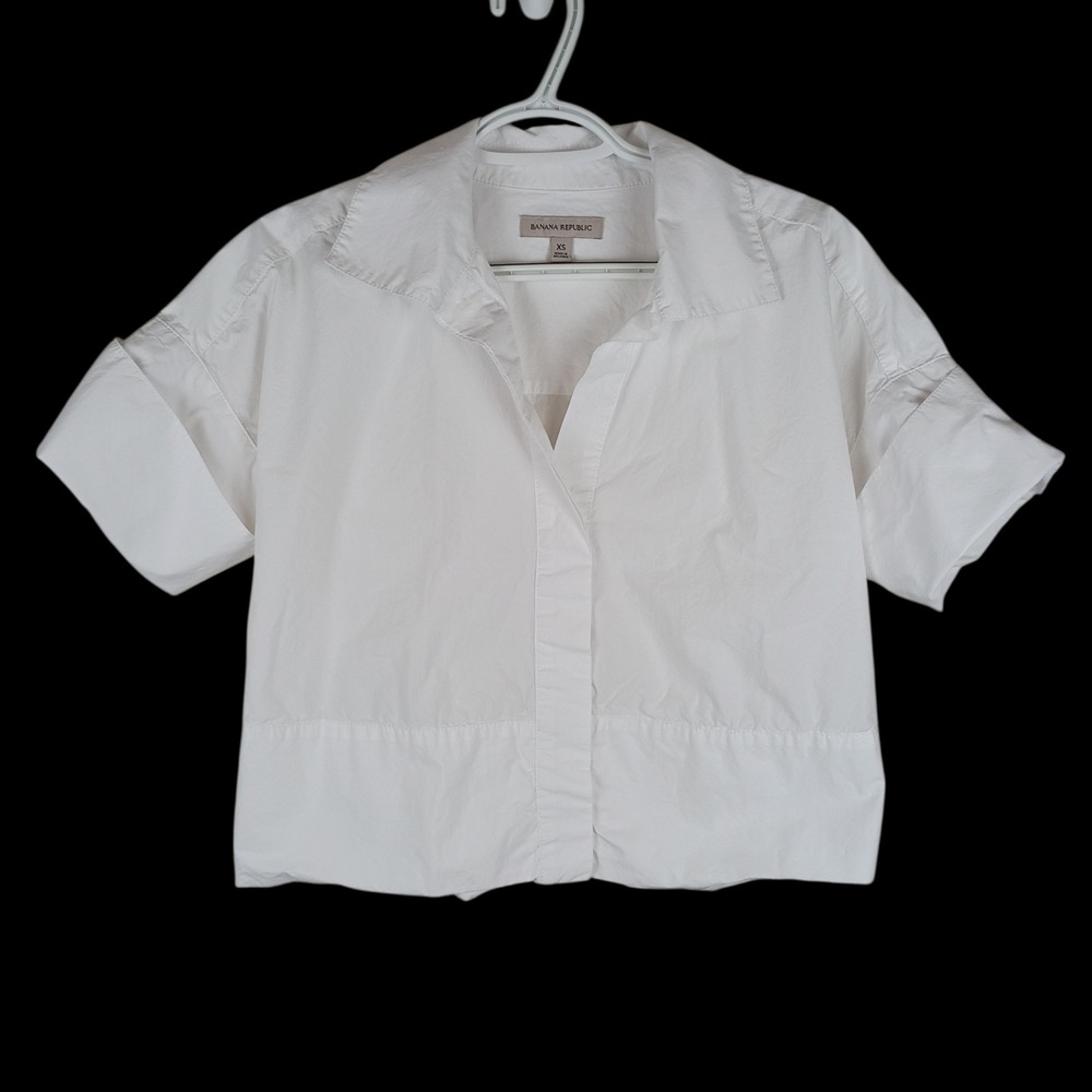 Banana Republic White Cotton Poplin Boxy Cropped Short Sleeve Shirt XS